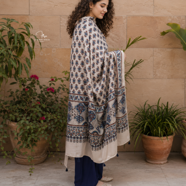 Beige Ajrakh Modal Satin Dupatta