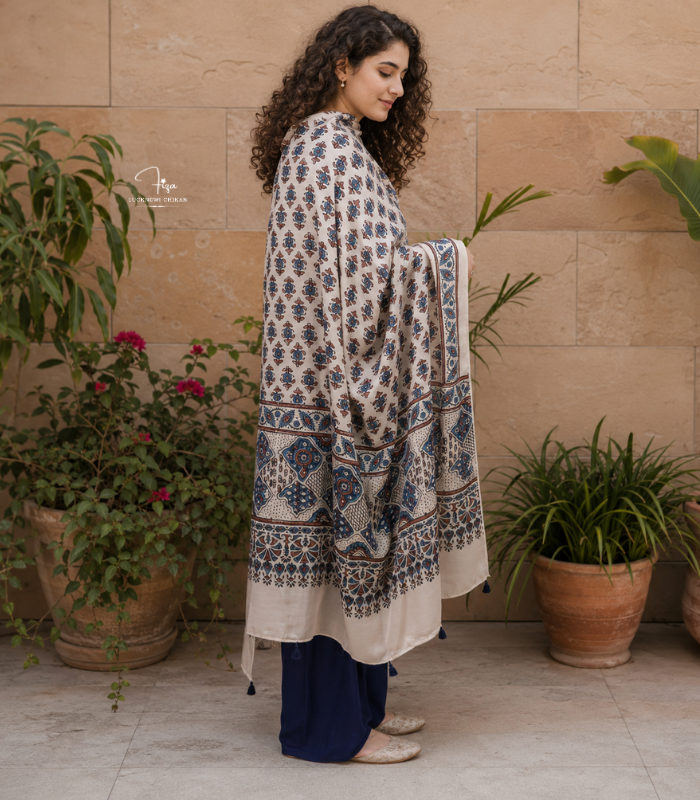 Beige Ajrakh Modal Satin Dupatta