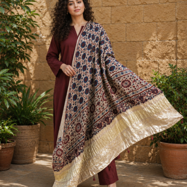 Shop a beige Ajrakh Modal Satin dupatta with deep blue and red motifs, finished with a lustrous Lagdi Patta border and tassels. Available in Dubai, UAE.