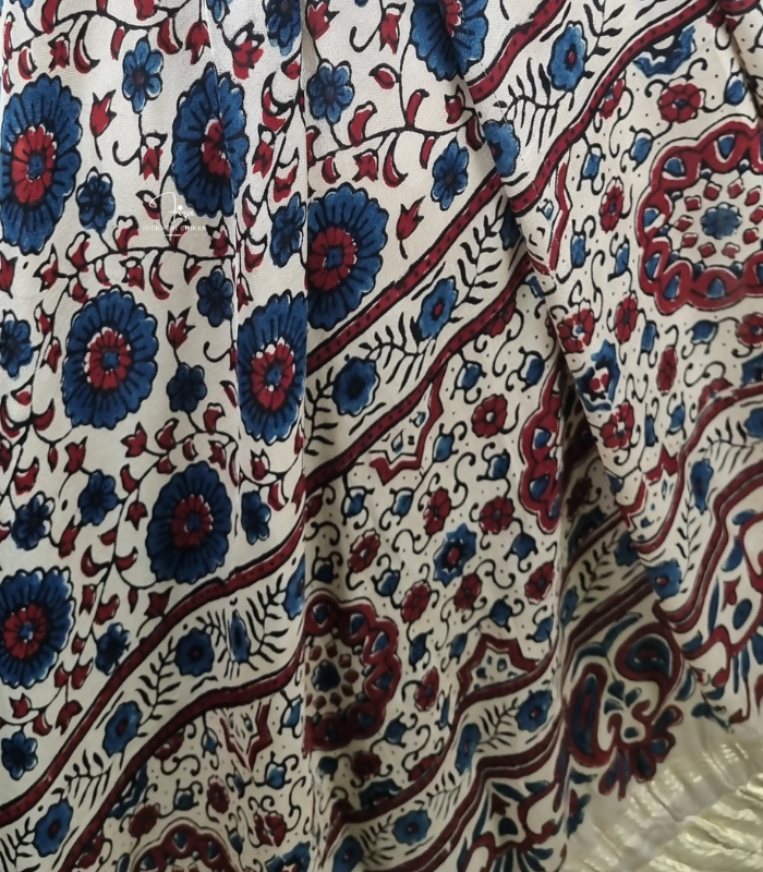 Shop a beige Ajrakh Modal Satin dupatta with deep blue and red motifs, finished with a lustrous Lagdi Patta border and tassels. Available in Dubai, UAE.