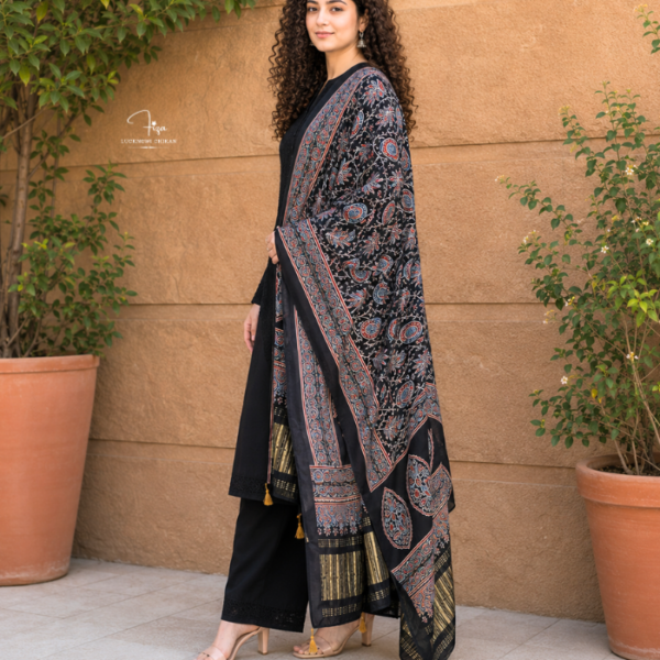 Black Ajrakh Modal Satin Dupatta with Golden Lagdi Patta Border