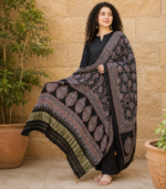 Black Ajrakh Modal Satin Dupatta with Golden Lagdi Patta Border