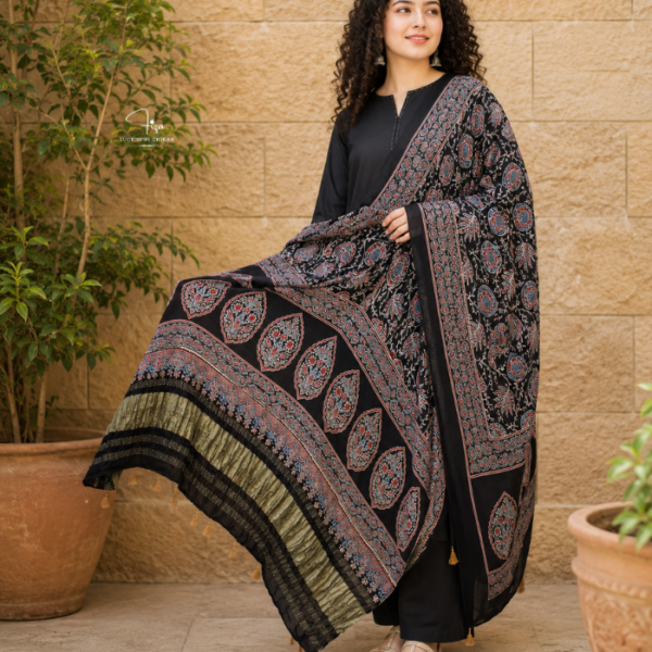 Black Ajrakh Modal Satin Dupatta with Golden Lagdi Patta Border