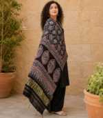 Black Ajrakh Modal Satin Dupatta with Golden Lagdi Patta Border