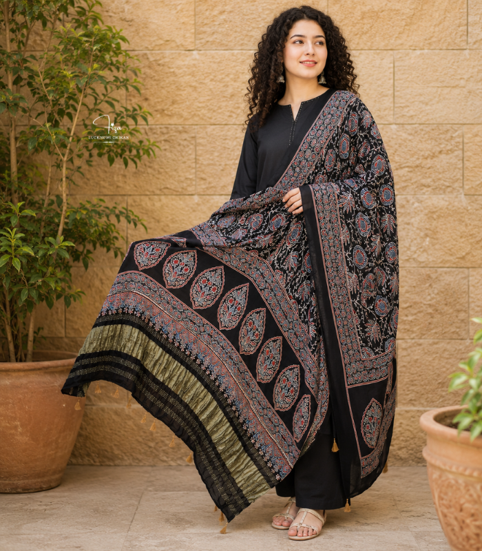 Black Ajrakh Modal Satin Dupatta with Golden Lagdi Patta Border