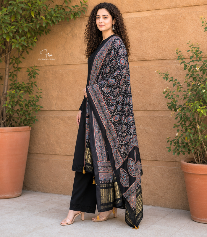 Black Ajrakh Modal Satin Dupatta with Golden Lagdi Patta Border