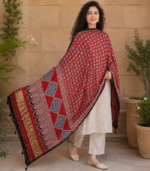 Deep Red Ajrakh Modal Satin Dupatta with Golden Lagdi Patta Border