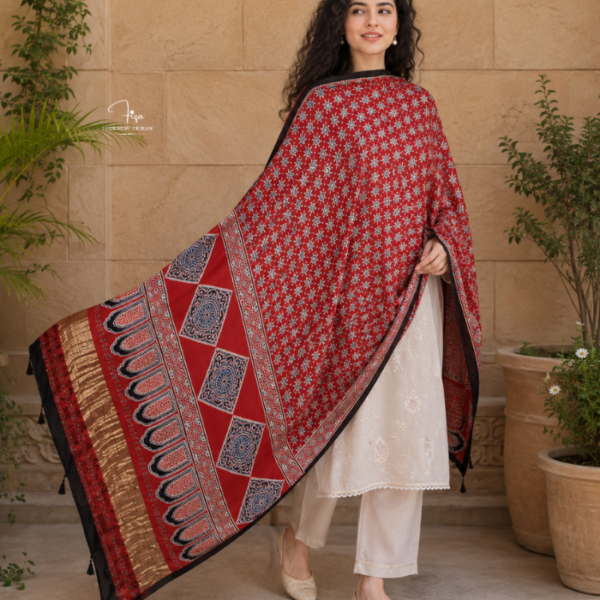 Deep Red Ajrakh Modal Satin Dupatta with Golden Lagdi Patta Border