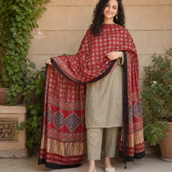 Deep Red Ajrakh Modal Satin Dupatta with Golden Lagdi Patta Border