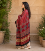 Deep Red Ajrakh Modal Satin Dupatta with Golden Lagdi Patta Border