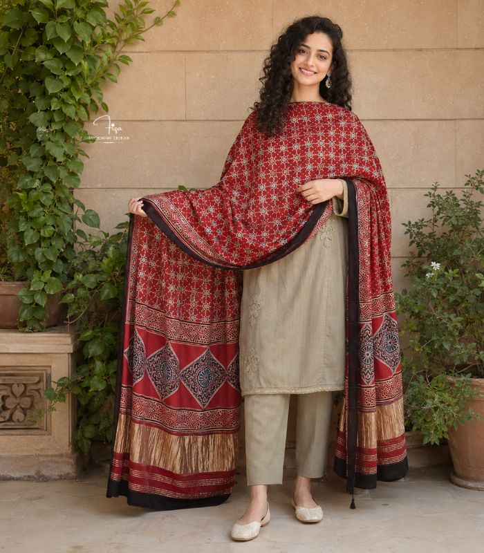 Deep Red Ajrakh Modal Satin Dupatta with Golden Lagdi Patta Border