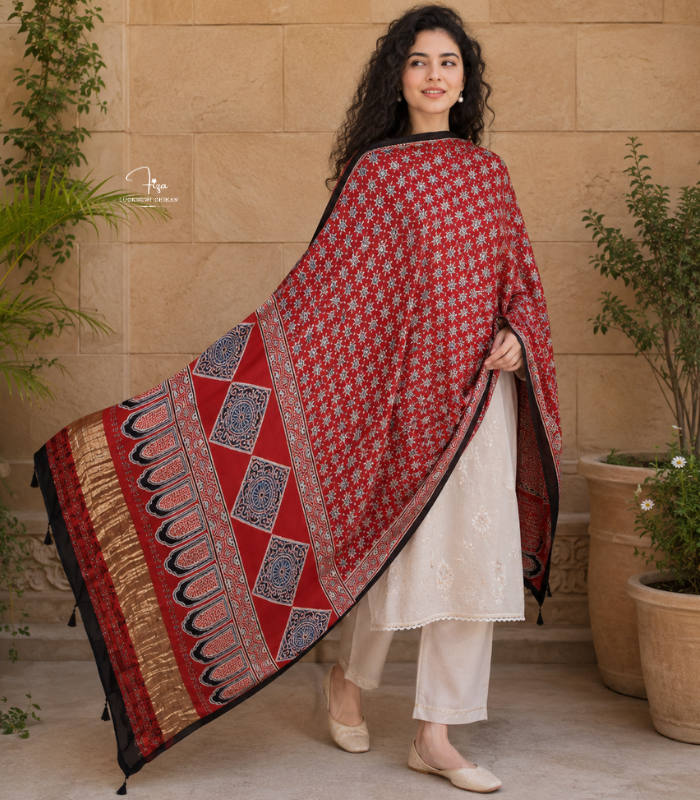 Deep Red Ajrakh Modal Satin Dupatta with Golden Lagdi Patta Border