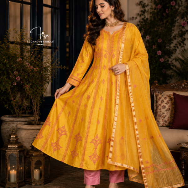 Buy Yellow and Pink Chikankari Anarkali in Dubai