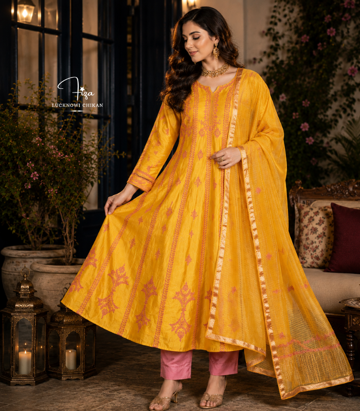 Buy Yellow and Pink Chikankari Anarkali in Dubai