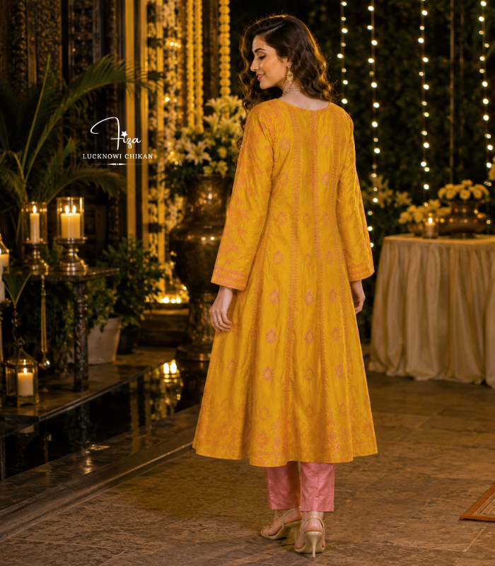 Buy Yellow and Pink Chikankari Anarkali in Dubai