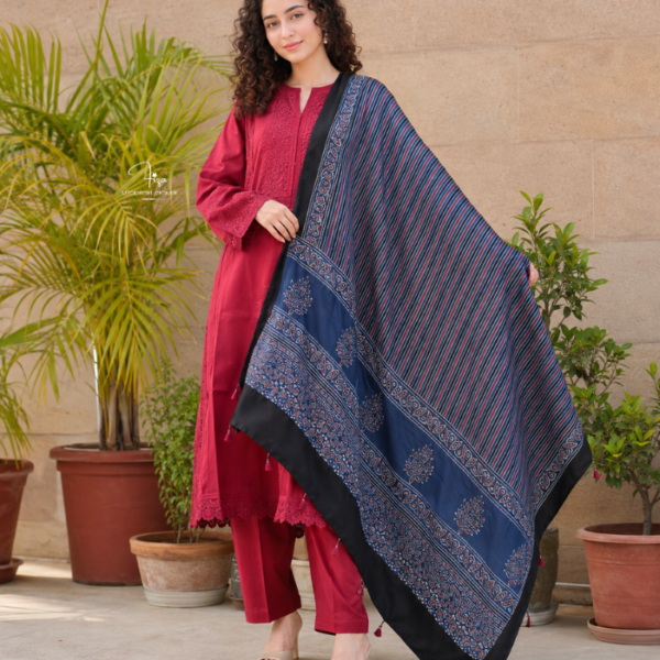 Indigo Blue Ajrakh Modal Satin Dupatta