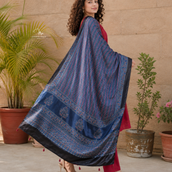 Indigo Blue Ajrakh Modal Satin Dupatta
