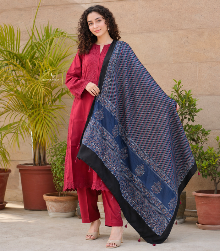 Indigo Blue Ajrakh Modal Satin Dupatta