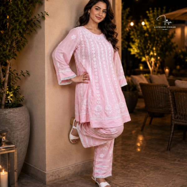 Lucknowi Chikankari co-ord set with flared top and palazzo pants