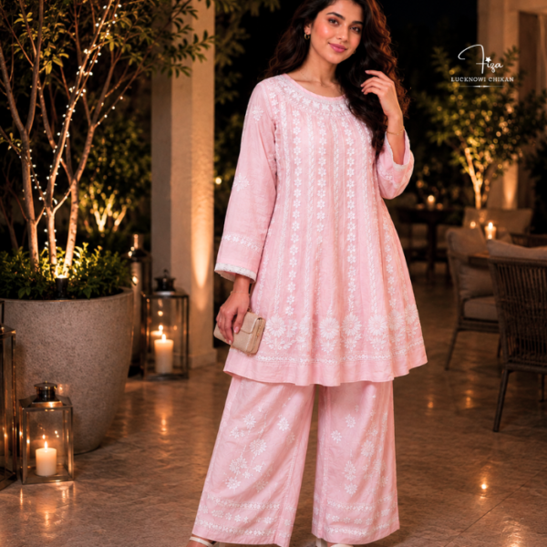Pastel pink Muslin Lucknowi Chikankari co-ord set with flared top and palazzo pants