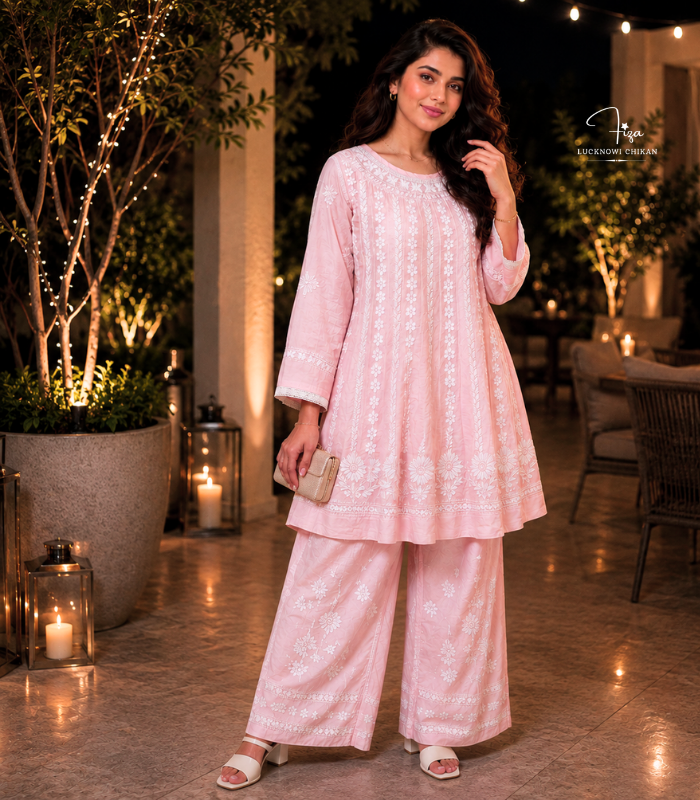 Pastel pink Muslin Lucknowi Chikankari co-ord set with flared top and palazzo pants