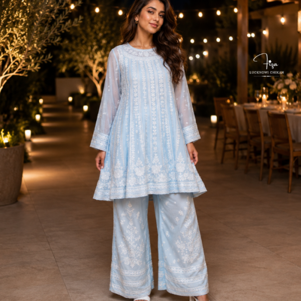 Powder blue Muslin Lucknowi Chikankari co-ord set with flared top and palazzo pants