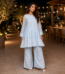 Powder blue Muslin Lucknowi Chikankari co-ord set with flared top and palazzo pants
