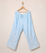 Powder blue Muslin Lucknowi Chikankari co-ord set with flared top and palazzo pants