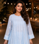 Powder blue Muslin Lucknowi Chikankari co-ord set with flared top and palazzo pants