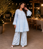 Powder blue Muslin Lucknowi Chikankari co-ord set with flared top and palazzo pants