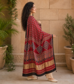 Deep Red Ajrakh Modal Satin Dupatta with Golden Lagdi Patta Border