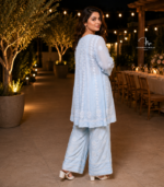 Powder blue Muslin Lucknowi Chikankari co-ord set with flared top and palazzo pants