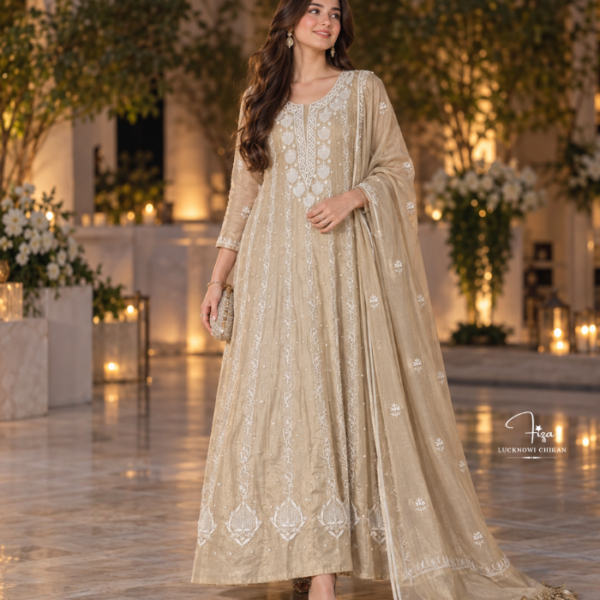 Golden Beige Chikankari Anarkali Dupatta in Dubai