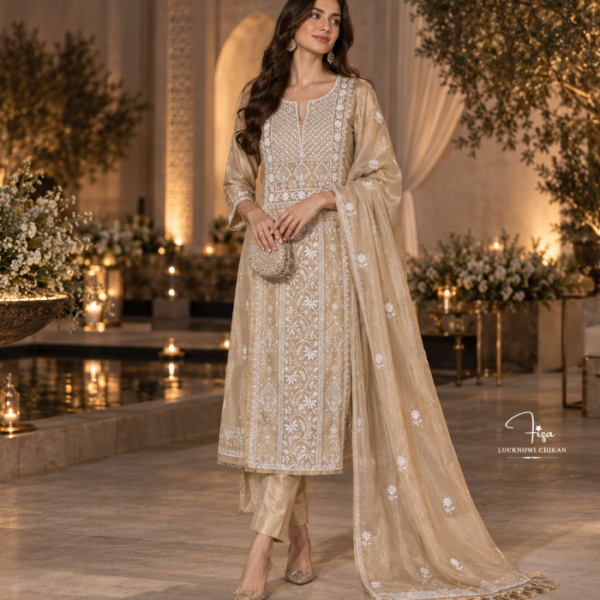 golden Tissue Silk Chikankari suit in Dubai