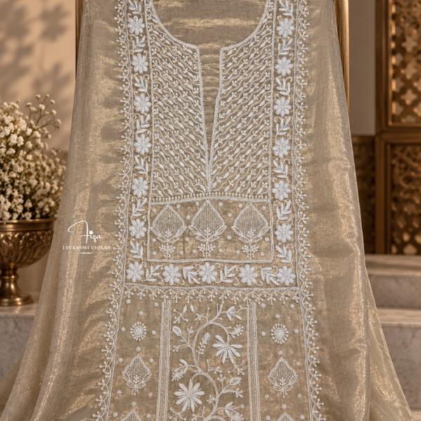 golden Tissue Silk Chikankari suit in Dubai